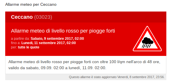 Allarme meteo per Ceccano