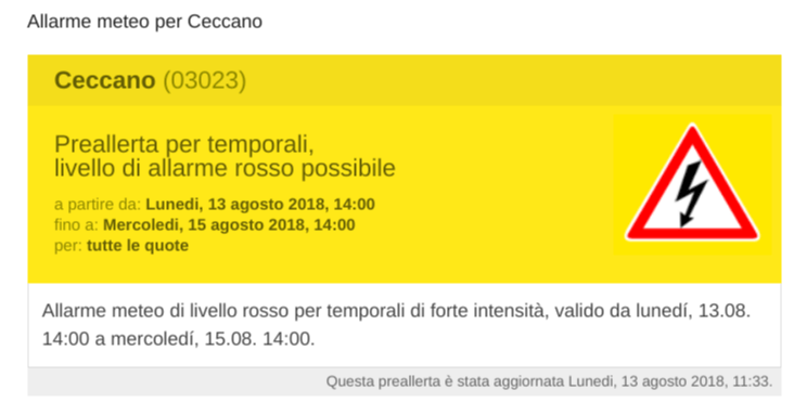 Allarme meteo per Ceccano
